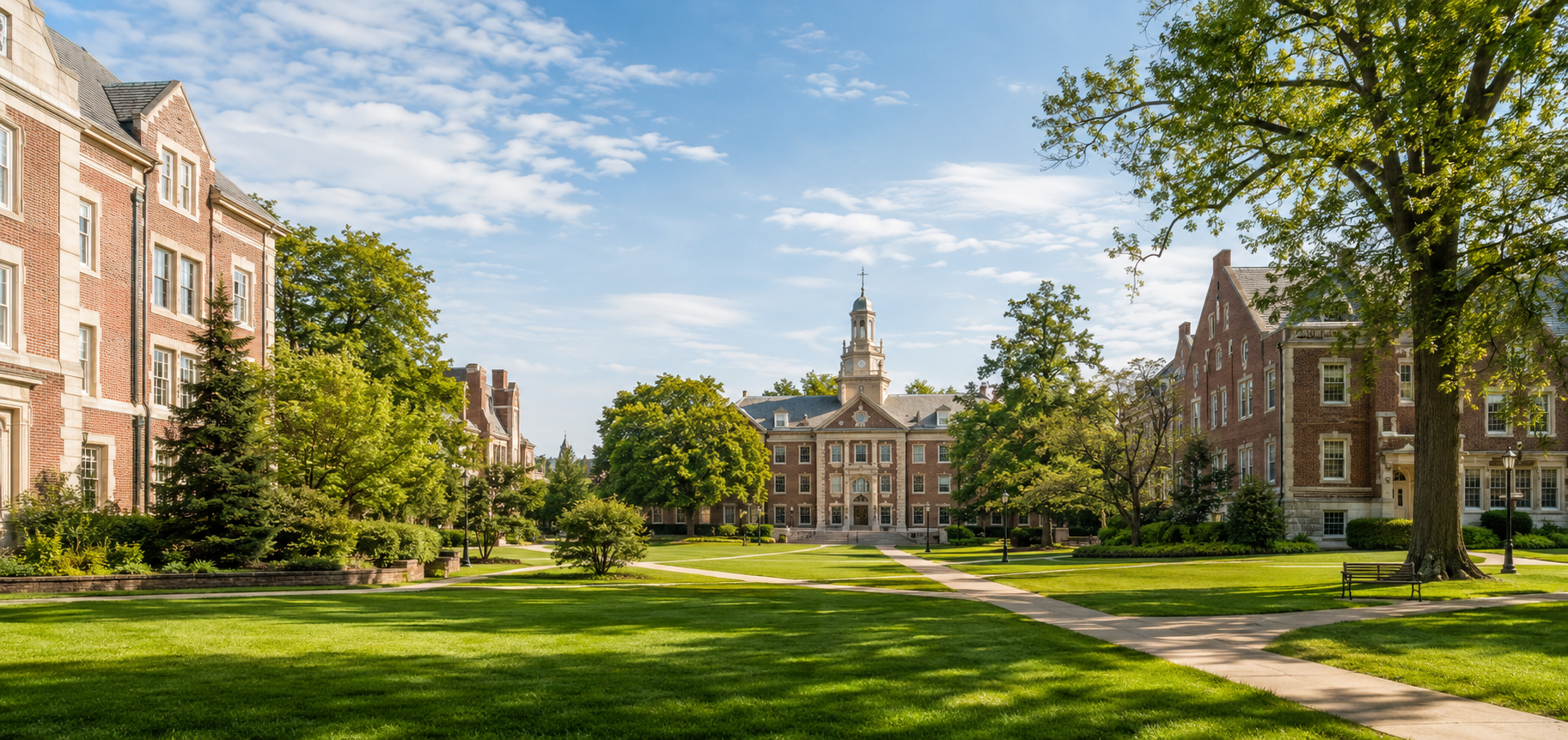 A bright, classic American college campus surrounding a green quad