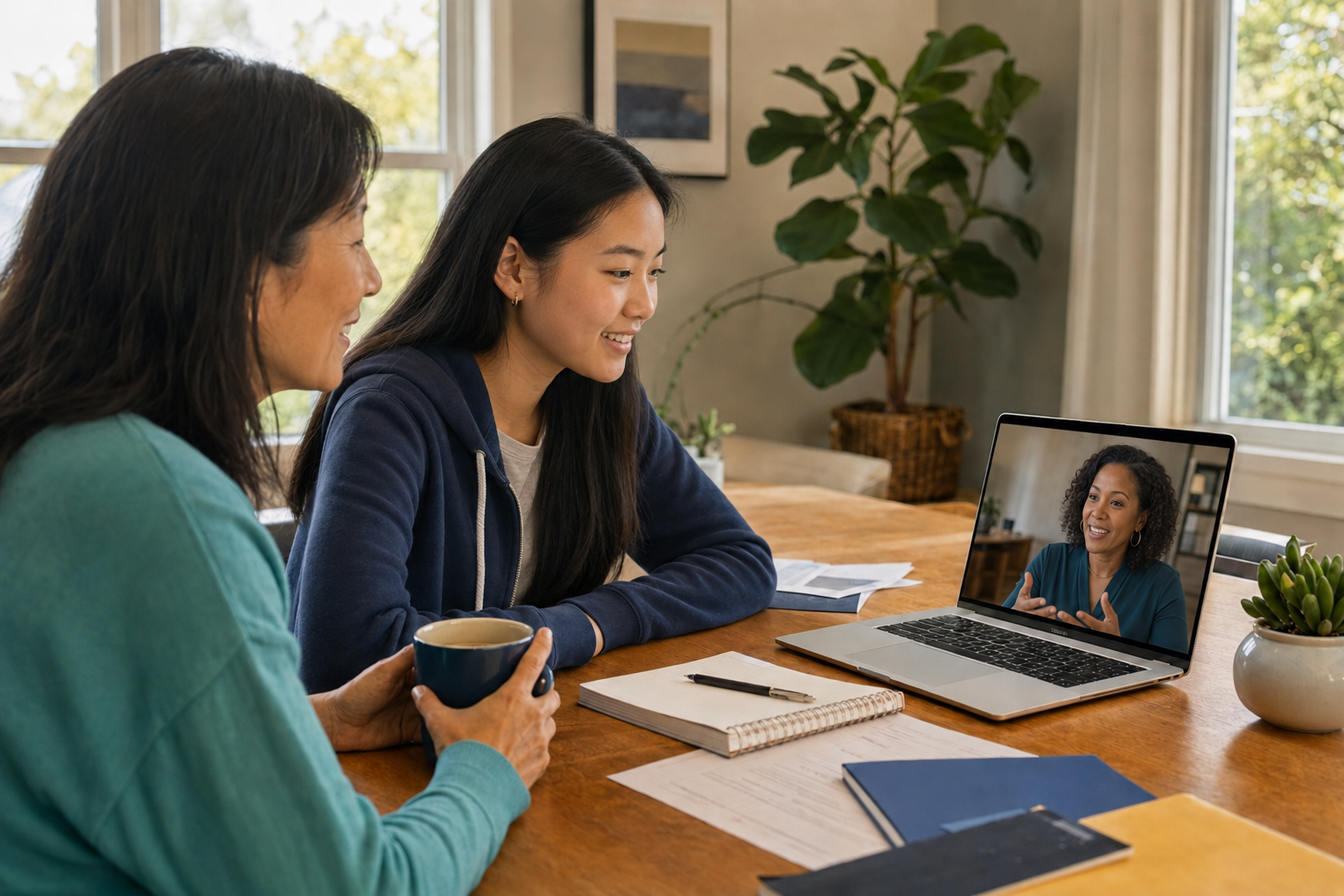 An Asian high school student and her mother meeting virtually with a Black college counselor