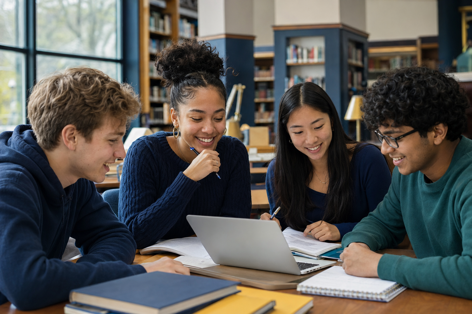 A diverse group of high school students collaborating with a laptop and notebooks in a library